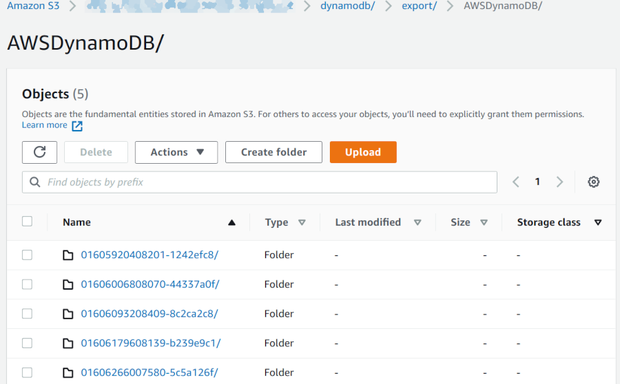 Screenshot of S3 folders, one for each export by DynamoDB