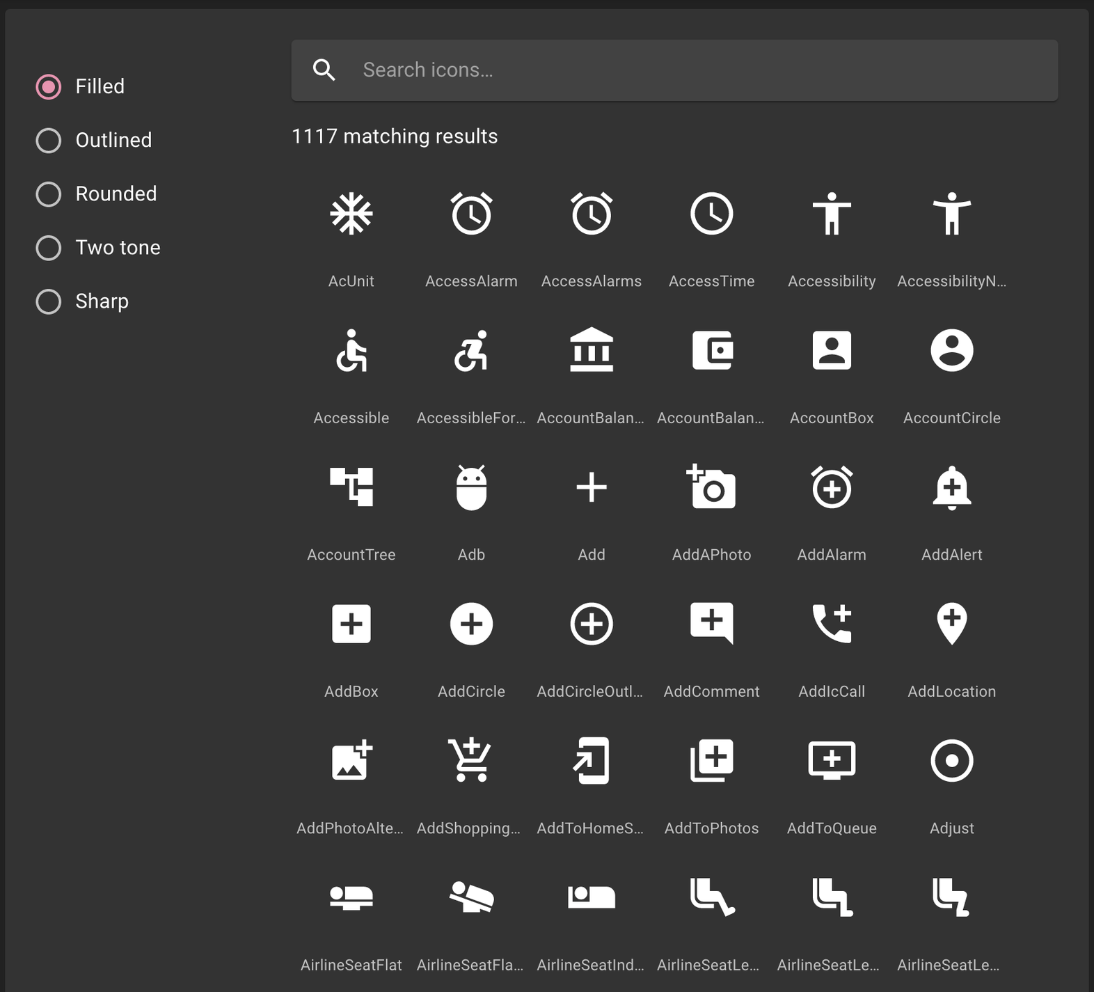 A screenshot of what Material UI Icon library looks like