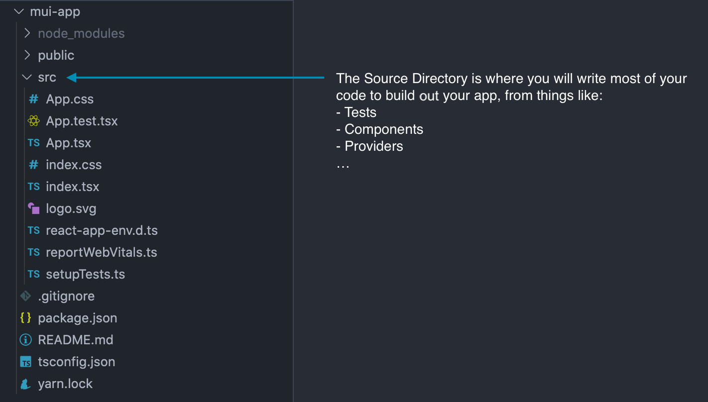 Source Folder Screenshot. The source directory is where you will write most of your code  , containing things such as: Tests, Components, Providers etc...