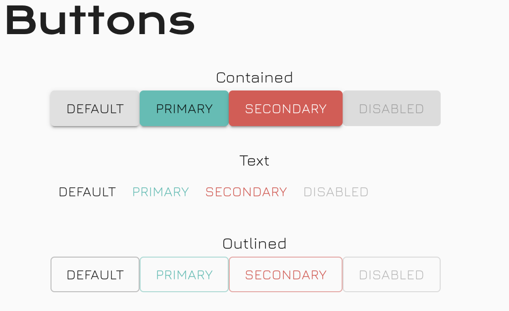 A screenshot showing what all 3 of the Button variations look like against each of the colour variations, default, primary, secondary and disabled