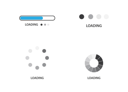 Screenshot of 4 old-school loading indicators ranging from a linear progress bar, 4 dots animating across, 9 dots in a circle rotating their opacity and a circular indicator
